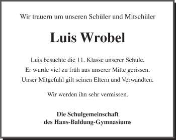 Traueranzeige von Luis Wrobel von Gmünder Tagespost