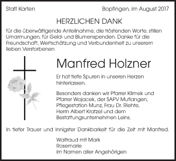 Traueranzeige von Manfred Holzner von Bopfinger Stadtanzeiger