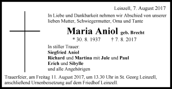 Traueranzeige von Maria Aniol von Gmünder Tagespost