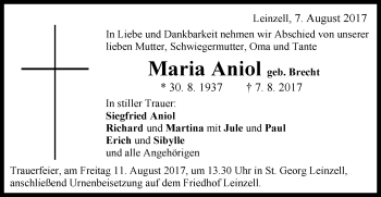 Traueranzeige von Maria Aniol