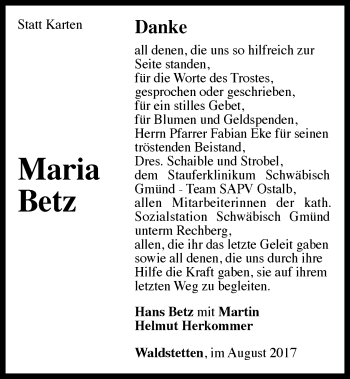 Traueranzeige von Maria Betz von Gmünder Tagespost