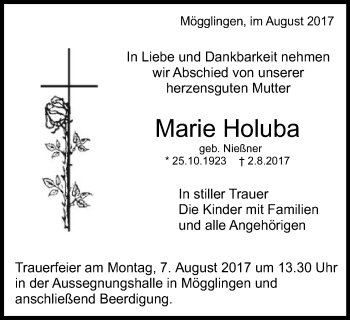Traueranzeige von Marie Holuba von Gmünder Tagespost