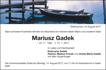 Traueranzeige von Mariusz Gadek von Schwäbische Post