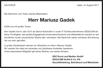 Traueranzeige von Mariusz Gadek von Schwäbische Post