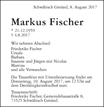 Traueranzeige von Markus Fischer von Gmünder Tagespost