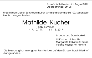 Traueranzeige von Mathilde Kucher von Gmünder Tagespost
