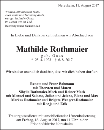 Traueranzeige von Mathilde Rothmaier von Schwäbische Post