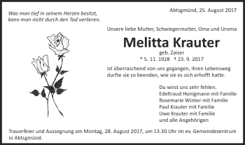 Traueranzeige von Melitta Krauter von Schwäbische Post
