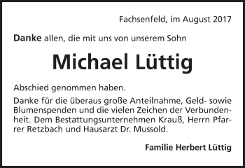 Traueranzeige von Michael Lüttig von Schwäbische Post