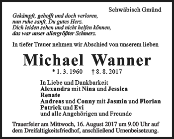 Traueranzeige von Michael Wanner von Gmünder Tagespost