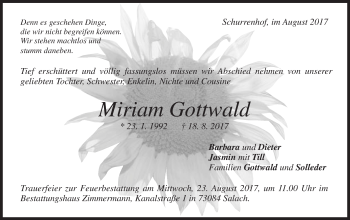 Traueranzeige von Miriam Gottwald von Gmünder Tagespost