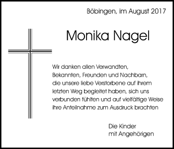 Traueranzeige von Monika Nagel von Gmünder Tagespost
