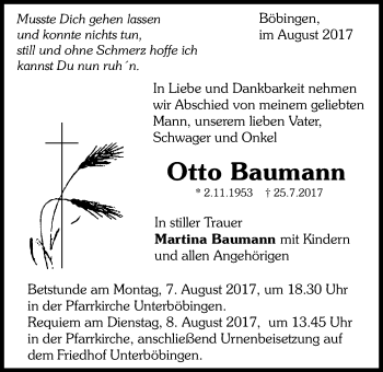 Traueranzeige von Otto Baumann von Gmünder Tagespost