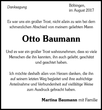 Traueranzeige von Otto Baumann von Gmünder Tagespost