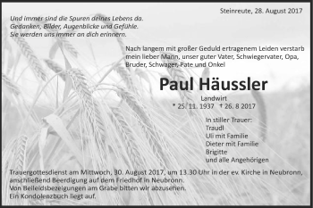 Traueranzeige von Paul Häussler von Schwäbische Post