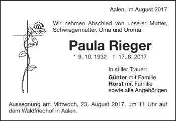 Traueranzeige von Paula Rieger von Schwäbische Post
