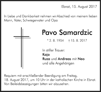 Traueranzeige von Pavo Samardzic von Schwäbische Post