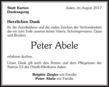 Traueranzeige von Peter Abele von Schwäbische Post