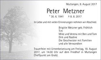 Traueranzeige von Peter Metzner von Gmünder Tagespost