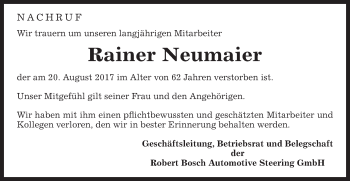 Traueranzeige von Rainer Neumaier von Gmünder Tagespost