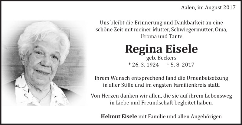  Traueranzeige für Regina Eisele vom 17.08.2017 aus Schwäbische Post