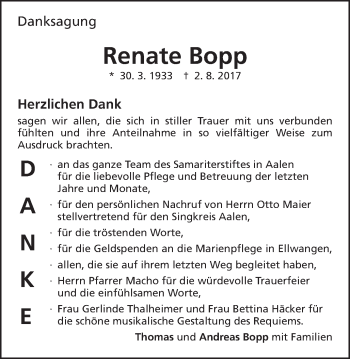 Traueranzeige von Renate Bopp von Schwäbische Post