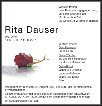 Traueranzeige von Rita Dauser von Schwäbische Post