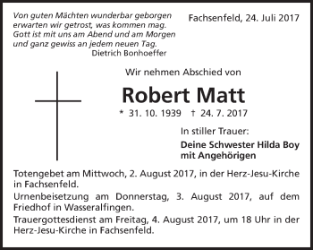Traueranzeige von Robert Matt von Schwäbische Post