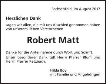 Traueranzeige von Robert Matt von Schwäbische Post