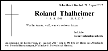 Traueranzeige von Roland Thalheimer von Gmünder Tagespost