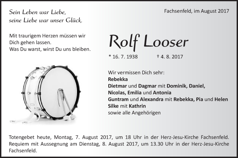  Traueranzeige für Rolf Looser vom 07.08.2017 aus Schwäbische Post
