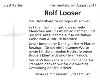 Traueranzeige von Rolf Looser von Schwäbische Post