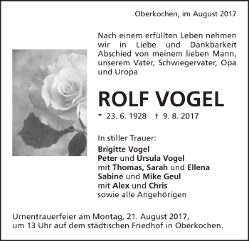 Traueranzeige von Rolf Vogel von Amtsblatt_Oko