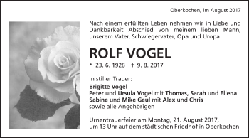 Traueranzeige von Rolf Vogel von Schwäbische Post
