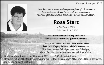 Traueranzeige von Rosa Starz von Schwäbische Post