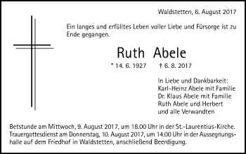 Traueranzeige von Ruth Abele von Gmünder Tagespost