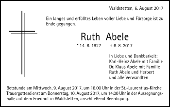 Traueranzeige von Ruth Abele