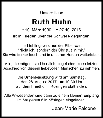 Traueranzeige von Ruth Huhn von Schwäbische Post