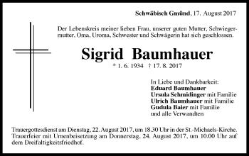Traueranzeige von Sigrid Baumhauer von Gmünder Tagespost