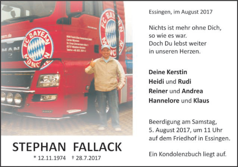 Traueranzeige für Stephan Fallack vom 01.08.2017 aus Schwäbische Post