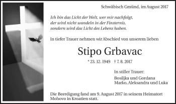 Traueranzeige von Stipo Grbavac von Gmünder Tagespost