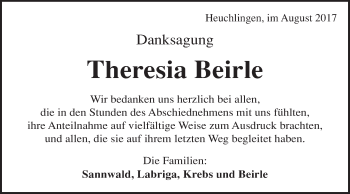 Traueranzeige von Theresia Beirle von Gmünder Tagespost