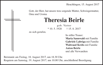 Traueranzeige von Theresia Beirle von Gmünder Tagespost