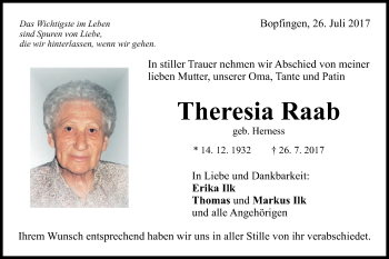 Traueranzeige von Theresia Raab von Schwäbische Post