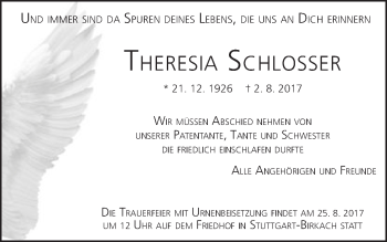 Traueranzeige von Theresia Schlosser von Schwäbische Post