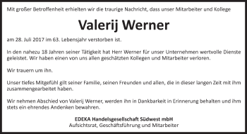 Traueranzeige von Valerij Werner von Gmünder Tagespost