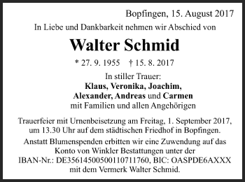 Traueranzeige von Walter Schmid von Bopfinger Stadtanzeiger