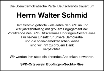 Traueranzeige von Walter Schmid von Bopfinger Stadtanzeiger