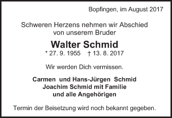 Traueranzeige von Walter Schmid von Schwäbische Post