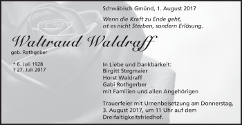 Traueranzeige von Waltraud Waldraff von Gmünder Tagespost